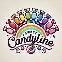 DALL·E 2025-03-17 11.18.50 - A cheerful and playful logo for a candy brand named 'Sweet Candyline'. The design features seven colorful candy wrappers arranged in an arch, each wra.webp